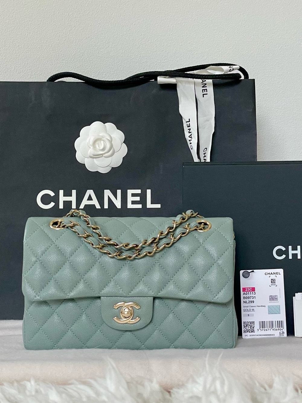23C CHANEL Caviar Small Classic Double Flap Bag Light Blue Green & Gold HW